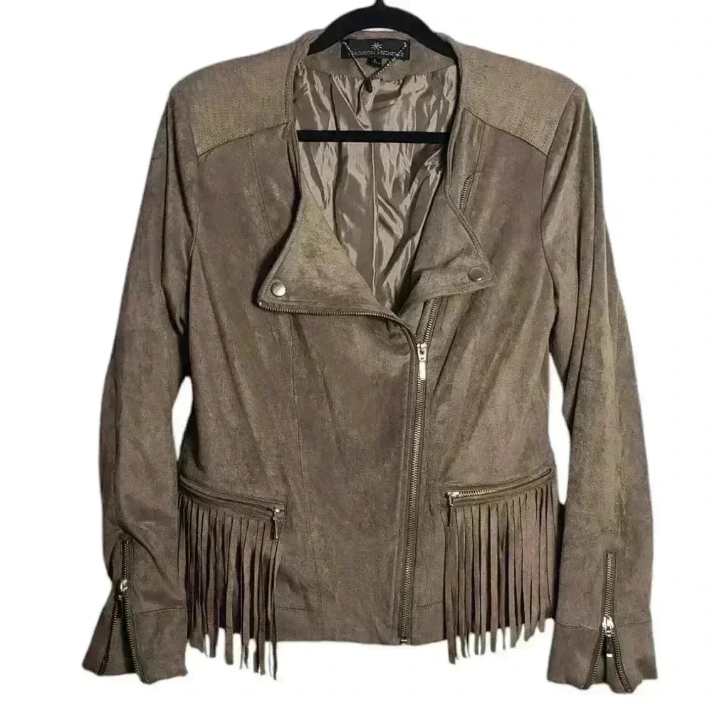 MADISON MICHELLE Womens Vegan Suede Fringe Moto Taupe Jacket Size Large